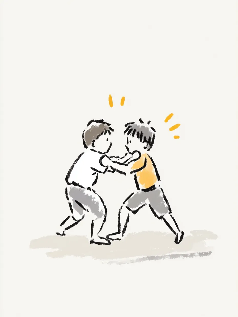 おしゃれ手書きのレスリング少年｜白とオレンジのコントラストが映える構成で、動きの瞬間をとらえた一枚。おしゃれ手書きの風合いが加わり、素朴で温かみのあるスポーツシーンに仕上がっている。