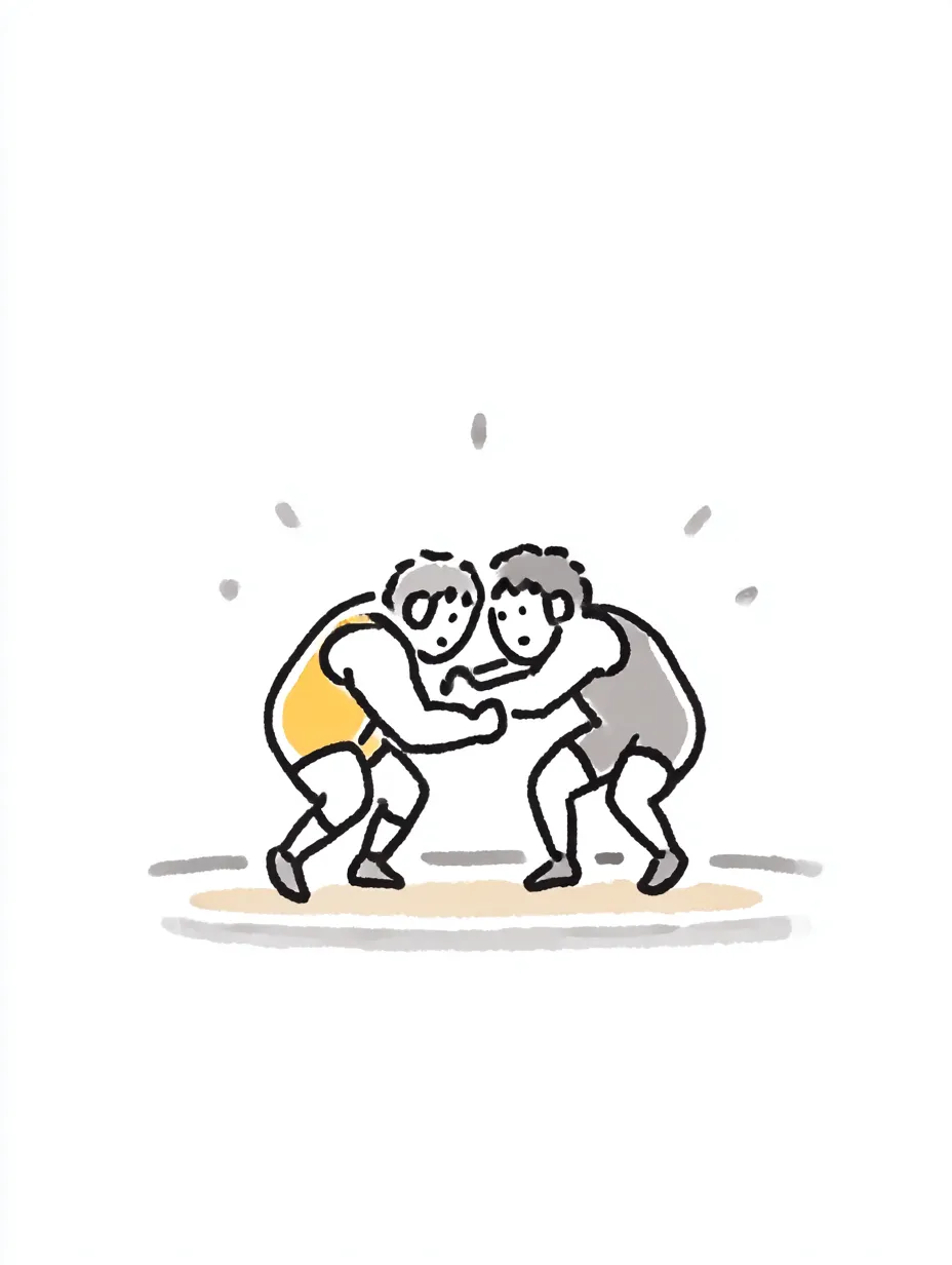 おしゃれ手書きのレスリング対戦｜力強く組み合う2人の選手を丸みある輪郭とシンプルな塗りで表現。おしゃれ手書きの特性を活かし、競技の迫力と親しみやすさを絶妙にバランスさせている。