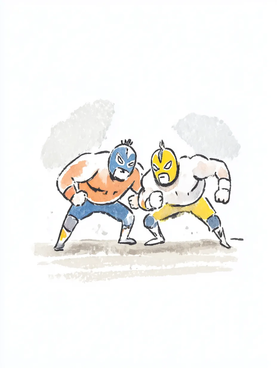 おしゃれ手書きのプロレス選手｜マスク姿のプロレスラーがにらみ合う場面を、おしゃれ手書きの鮮やかな色と緩やかな線で表現。にぎやかな雰囲気と躍動感が伝わる楽しい仕上がりが魅力的。