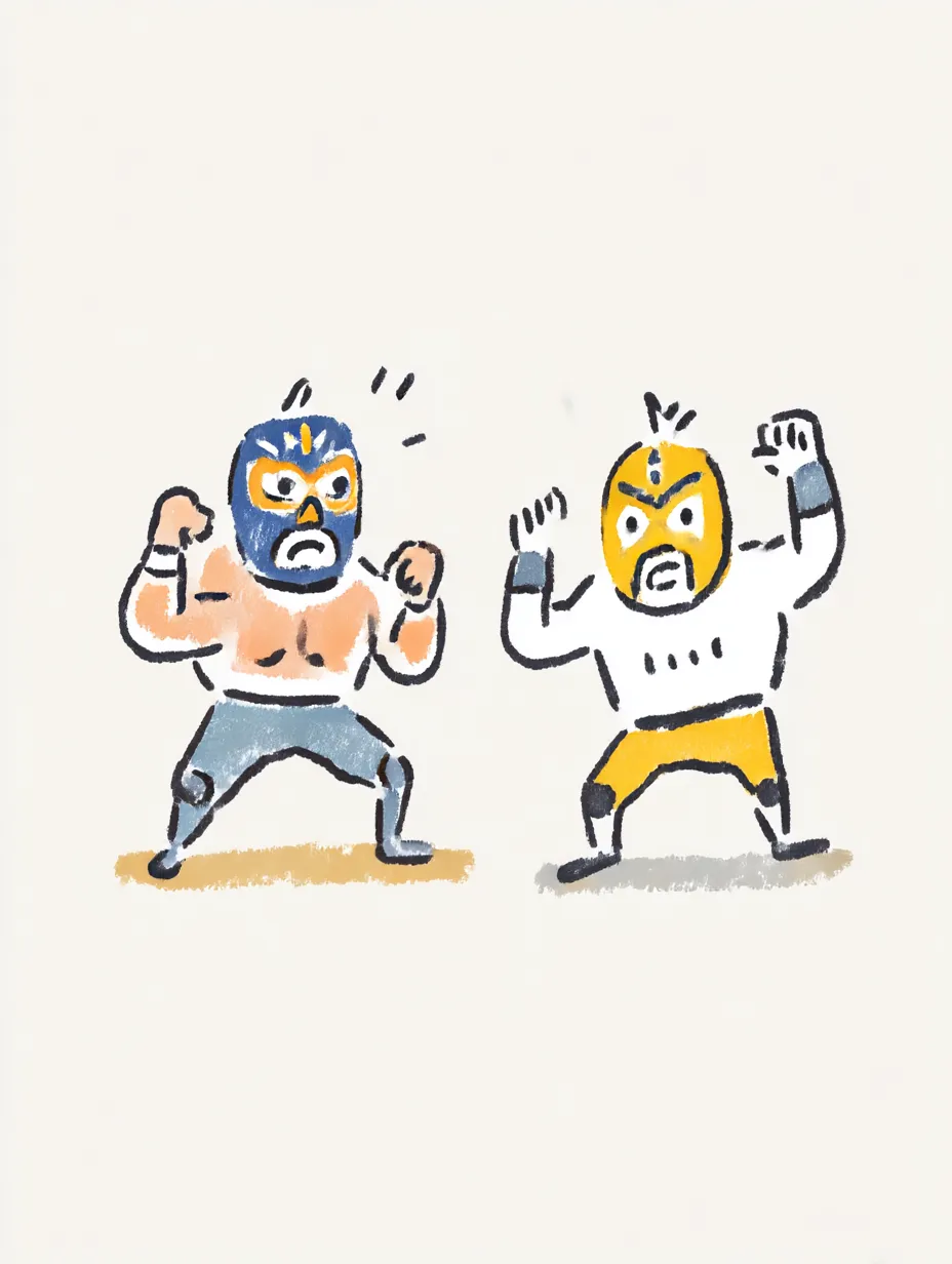 おしゃれ手書きのプロレスラー対決｜お互いに構え合う2人のレスラーが描かれた構図。おしゃれ手書きのぬくもりある線と彩色が、緊張感の中にもコミカルさを感じさせる軽快な表現に仕上げられている。