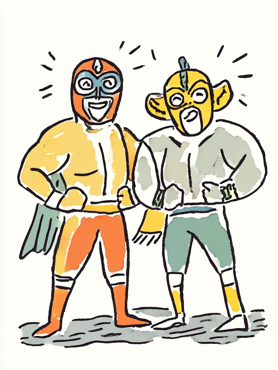 おしゃれ手書きのプロレスラー集合｜個性的なマスクと表情が際立つレスラーたちが並ぶ楽しい一枚。おしゃれ手書きの自由なタッチが、ポップでにぎやかなムードを引き出しているのが魅力。