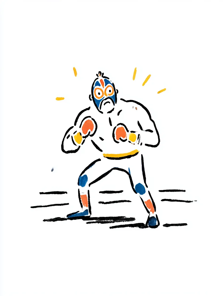 おしゃれ手書きのプロレスラー構え｜構えたポーズと真剣なまなざしが印象的なレスラーを中心に、おしゃれ手書きのシンプルな線が迫力を際立たせる。色のコントラストも映える一枚。