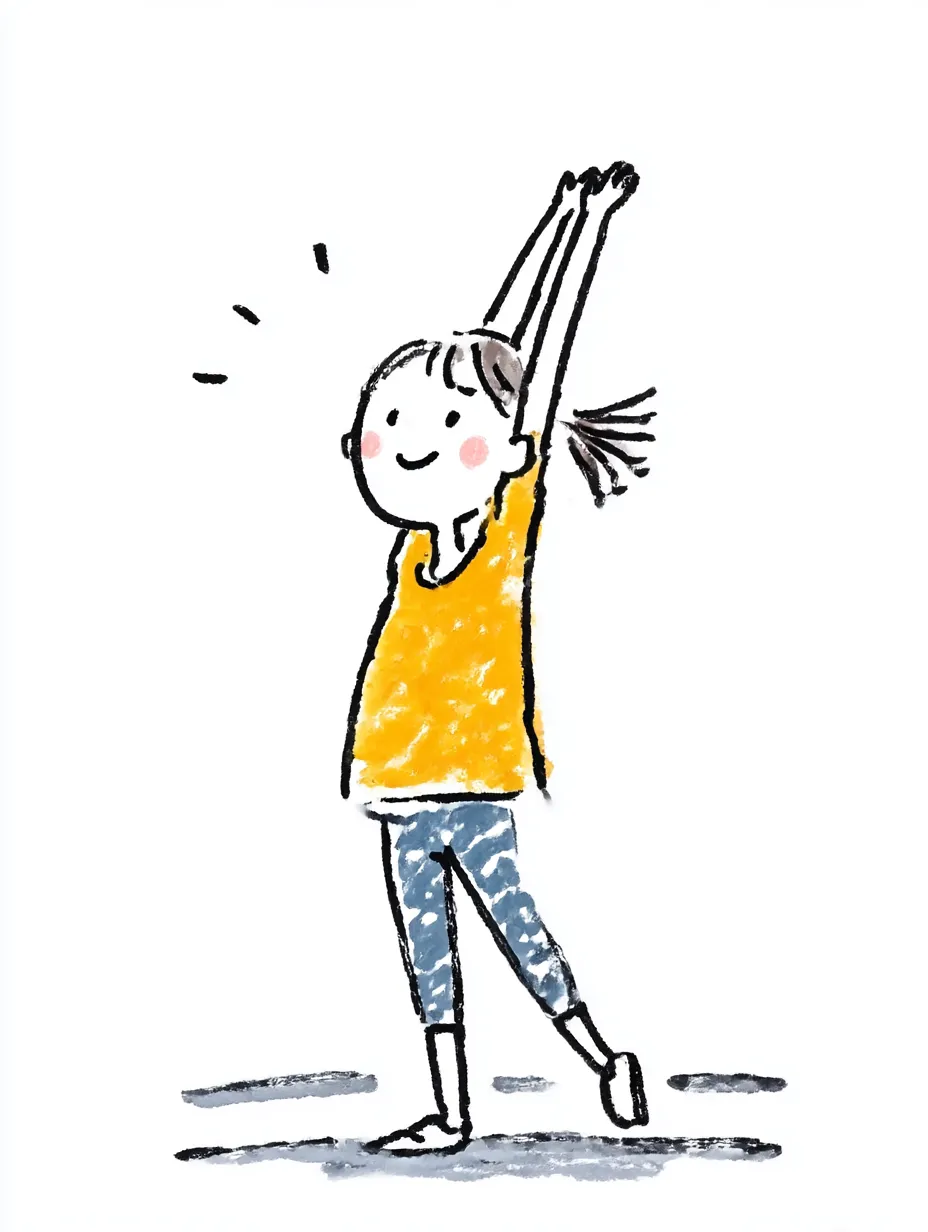 おしゃれ手書きのストレッチ運動｜背伸びのポーズを取る女の子を、おしゃれ手書きのざらっとした質感と明るい色味でやさしく表現。健康的で自然体な雰囲気が感じられる仕上がりになっています。