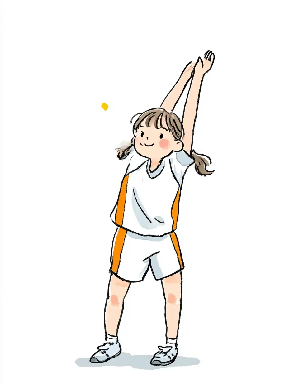 おしゃれ手書きの体操準備女子｜スポーツウェア姿で準備体操をする様子を、おしゃれ手書きのすっきりした線で表現。柔らかい光の表現が、元気で前向きな空気を演出しています。