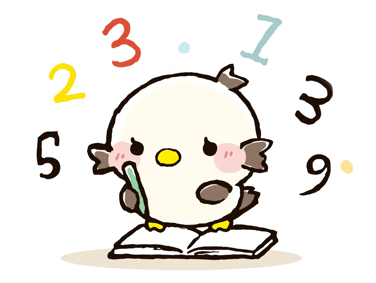 おしゃれ算数を考えるスズメのキャラクター｜ふんわりとしたスズメのキャラクターが、算数の数字に囲まれながらノートの上で考えているイラスト。柔らかな色使いとシンプルな線画が、可愛らしさの中にも洗練された雰囲気を醸し出し、スタイリッシュな学習シーンを演出している。