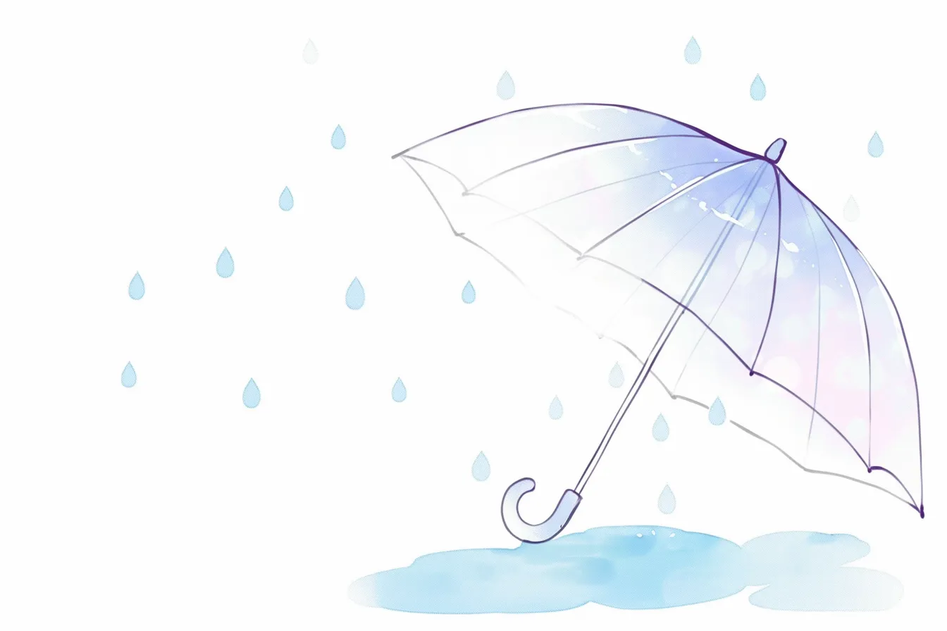 おしゃれ梅雨の幻想的な透明傘｜淡い青と紫が混ざり合う透明感のある傘が、静かに雨を受け止める美しいイラスト。ソフトなぼかし効果が印象的で、おしゃれ梅雨の幻想的な空気を演出している。