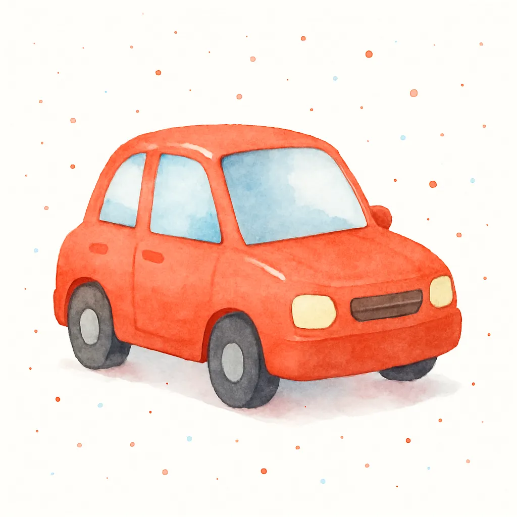 おしゃれスプラッシュの車｜まるみを帯びたかわいらしい車が、やさしい水彩タッチで描かれています。おしゃれスプラッシュらしいパステル調の背景が、乗り物に親近感を加え、ポップな空気感を演出しています。