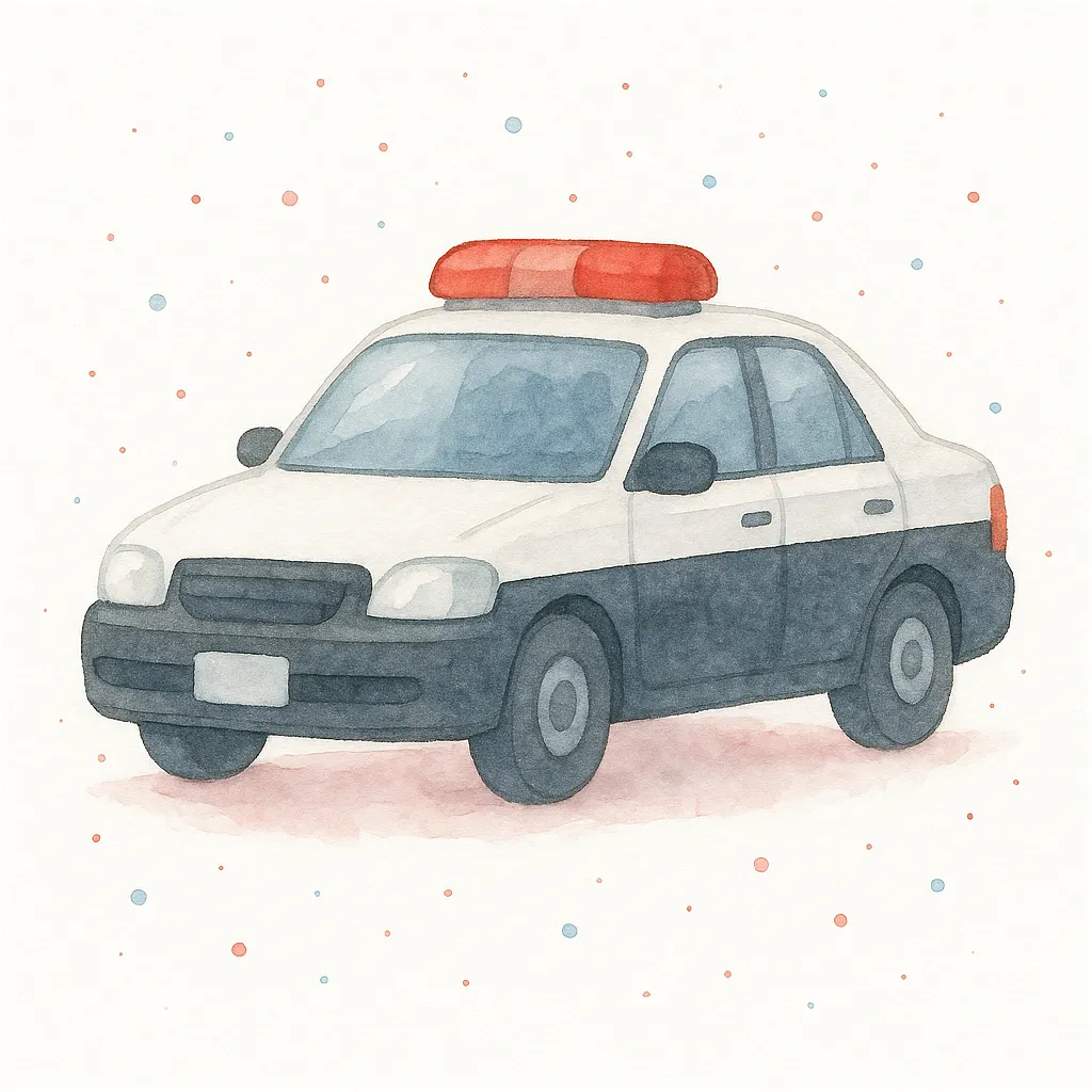 おしゃれスプラッシュのパトカー｜白黒の車体と赤いサイレンが特徴的なパトカーを、水彩タッチでやわらかく表現。おしゃれスプラッシュのリズミカルな背景が、緊張感を和らげ、親しみやすい印象を与えています。