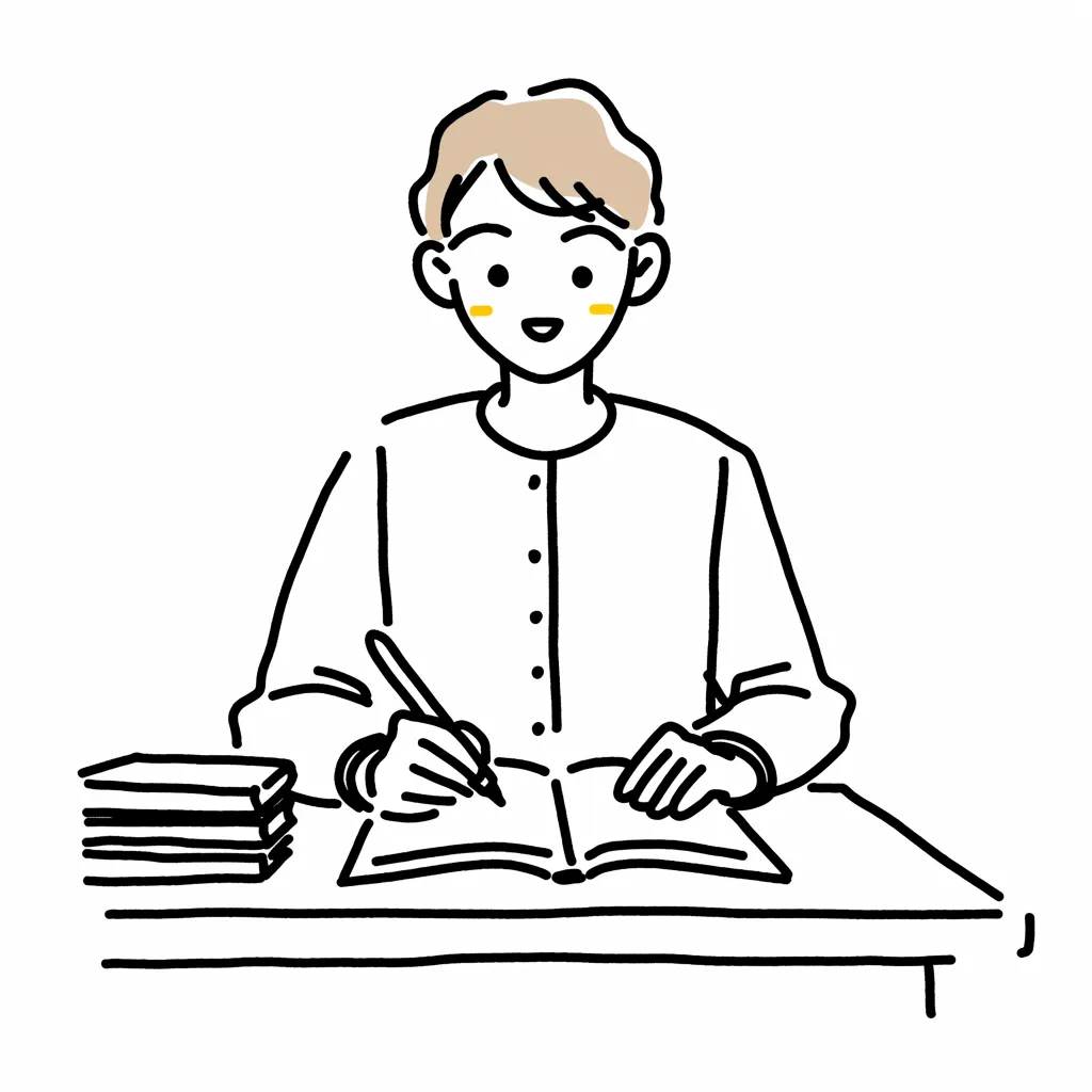 おしゃれ勉強・爽やかスマイル男子｜シンプルでスッキリとした線画に、柔らかい色使いが加わったおしゃれなイラスト。勉強する男性が爽やかに微笑んでおり、前向きでポジティブな雰囲気を演出。おしゃれ勉強の楽しさが伝わるデザイン。