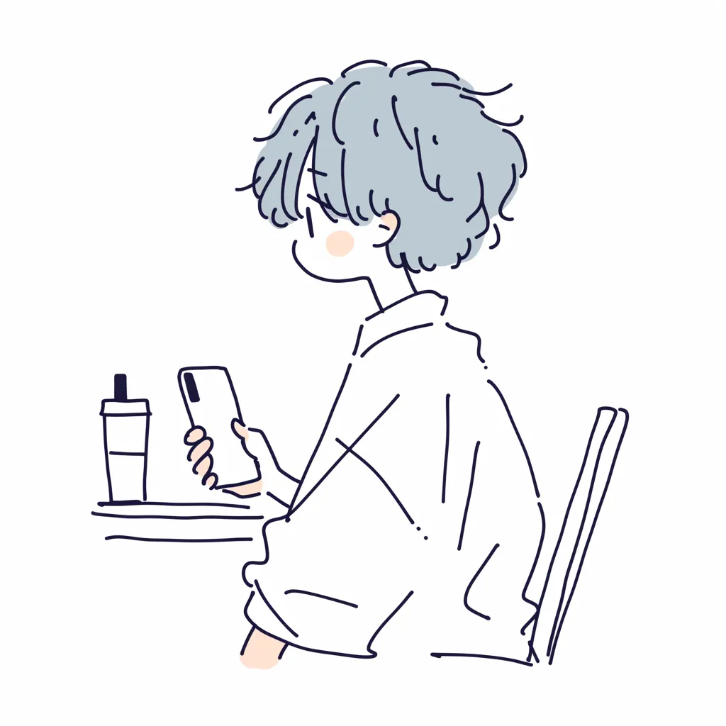 おしゃれ電話・カフェでスマホを見る淡色の少年｜淡い色合いが特徴の優しいタッチのイラストで、カフェでスマホを手にする少年の姿が描かれている。ゆるく描かれた線とパステル調のカラーが穏やかな雰囲気を生み出し、おしゃれ電話のリラックスしたシーンが魅力的に表現されている。