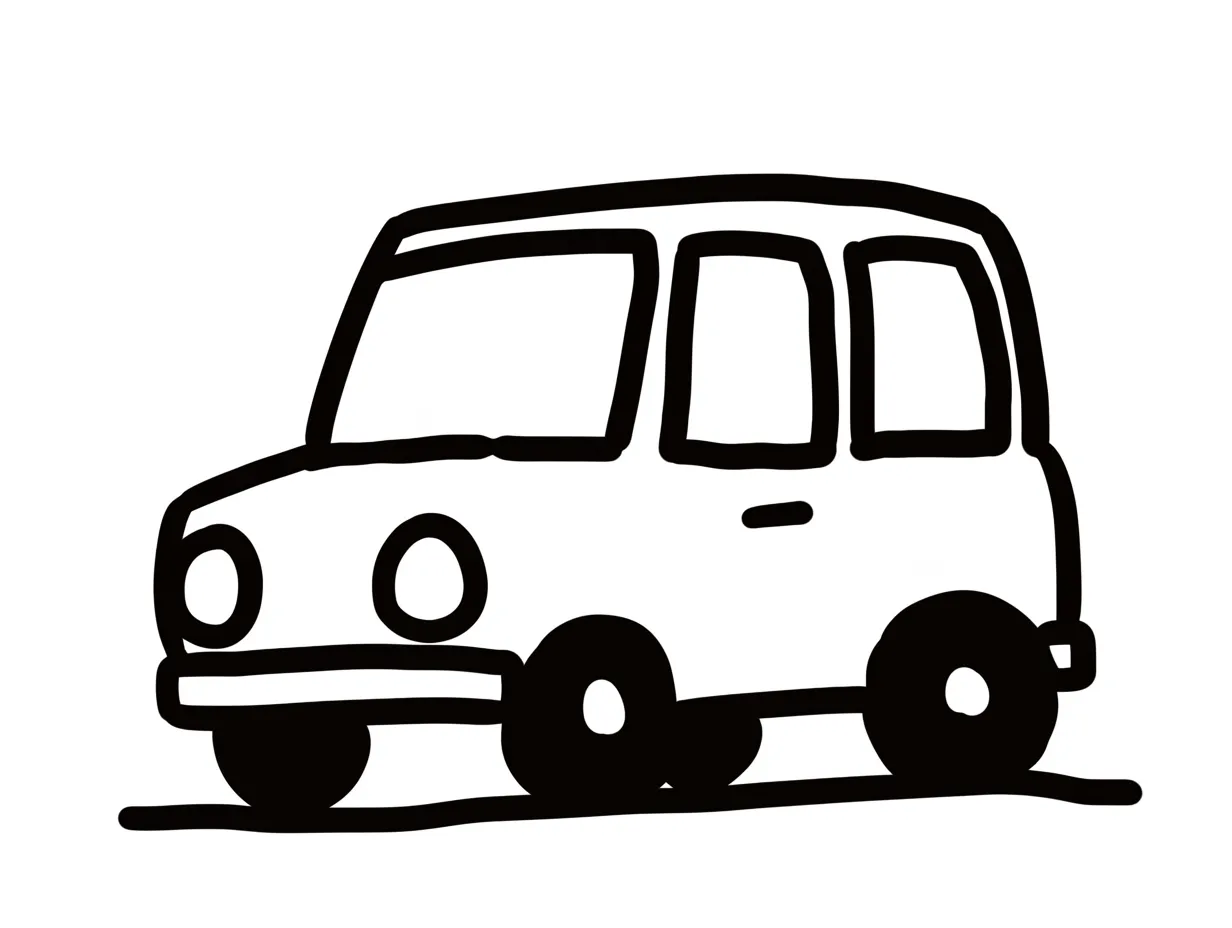 簡単な手書きの車｜コンパクトで四角いフォルムが特徴の車が、シンプルな線で描かれています。簡単な手書きのラフさが、親しみやすさと温もりを感じさせる仕上がりです。