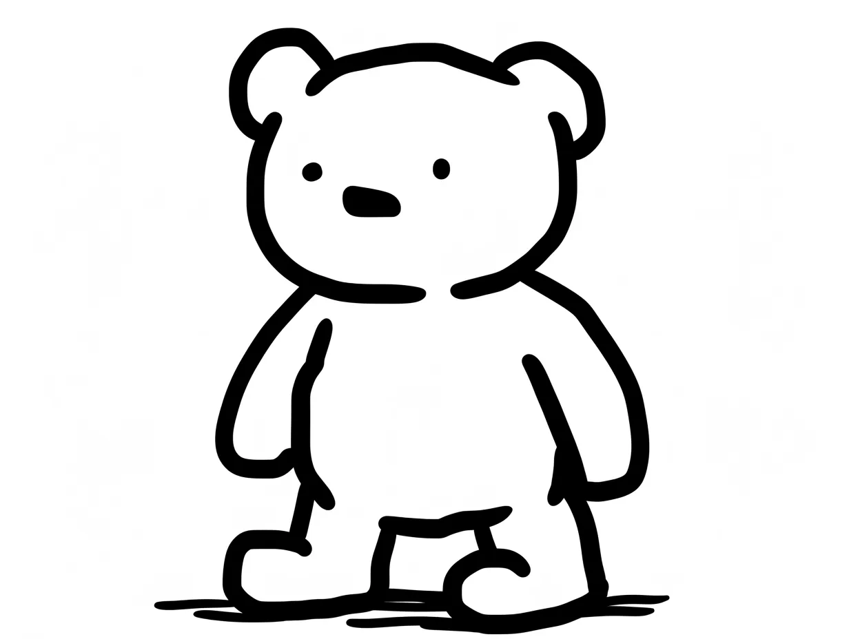 簡単な手書きのテディベア｜立ち姿と丸みのある四肢が特徴の、簡単な手書きのテディベア。柔らかな印象の線とバランスよく配置された顔立ちが、ぬいぐるみらしい安心感を与えてくれます。