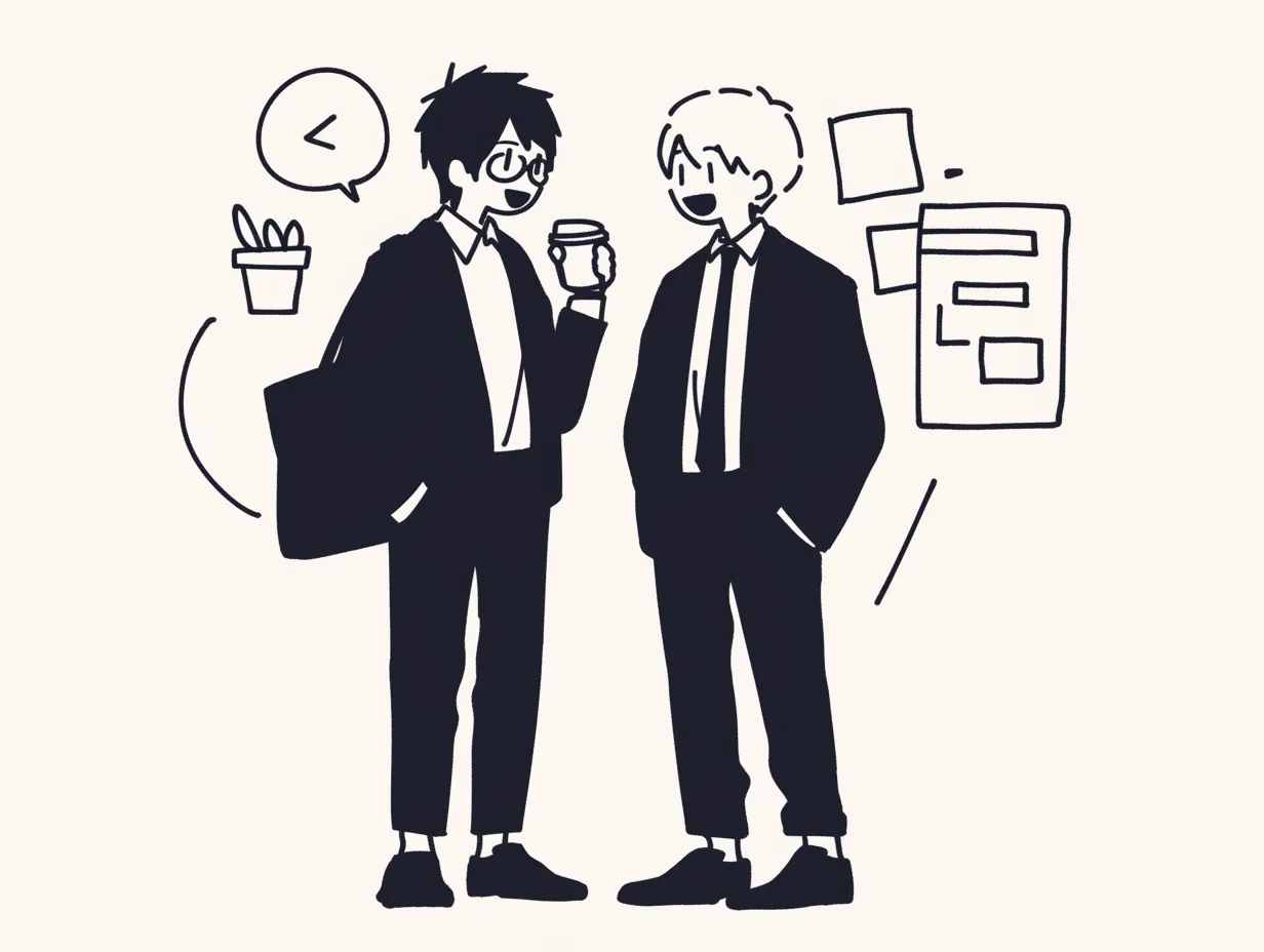 人と話す・オフィスで談笑する二人｜スーツ姿の男性二人がコーヒーを片手に親しげに会話するイラスト。モノクロのシンプルな線画が特徴で、ビジネスシーンをスタイリッシュに表現。柔らかい表情が、リラックスした雰囲気の中での「人と話す」瞬間を演出している。
