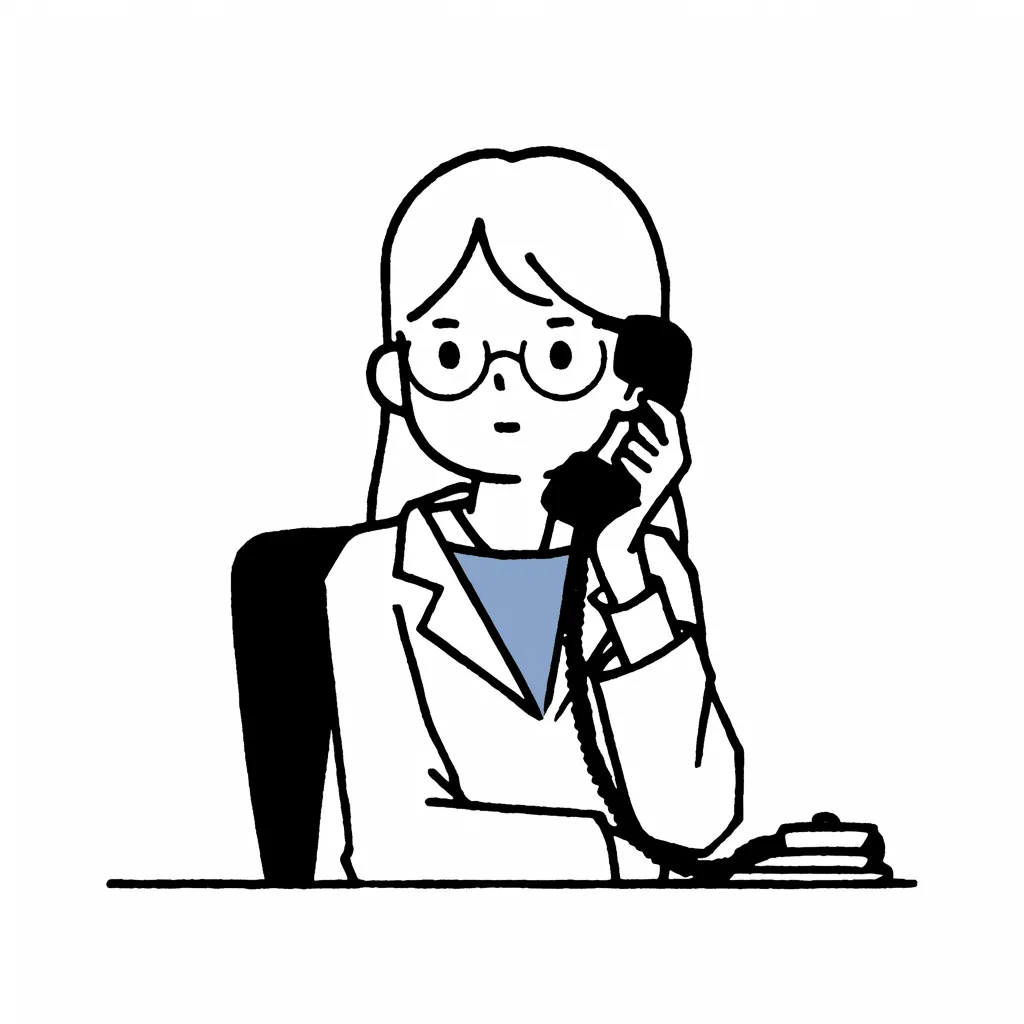 電話相談・真剣な女性｜メガネをかけた女性が落ち着いた表情で電話をしているイラスト。黒と白を基調としたシンプルな線画が、電話相談の場面における冷静かつ的確な対応を感じさせるデザインになっている。