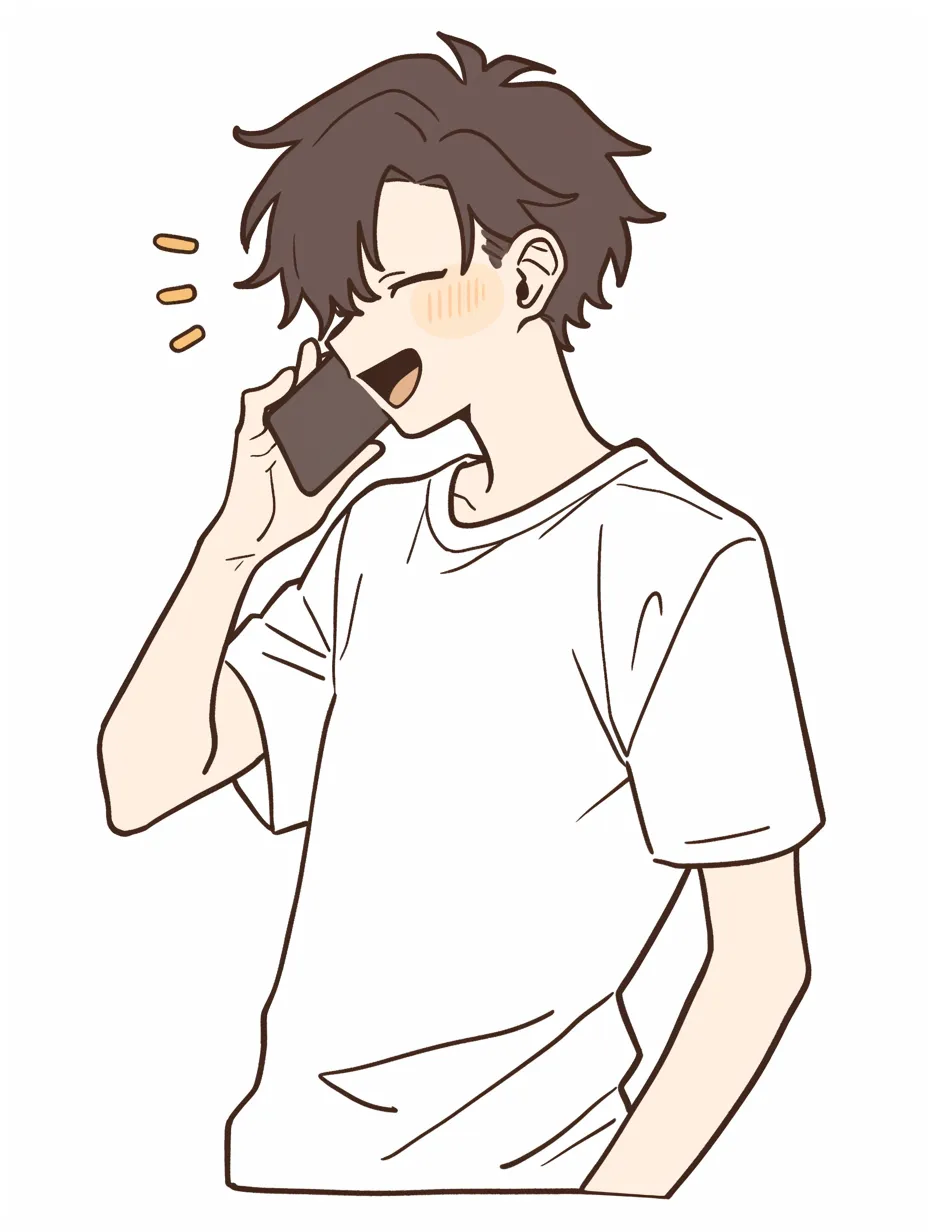 電話をしながら笑う青年｜白Tシャツを着た青年が楽しそうに電話をしているイラスト。柔らかい線と温かみのある色合いが、親しみやすくリラックスした雰囲気を醸し出し、軽やかな日常のワンシーンを描いている。