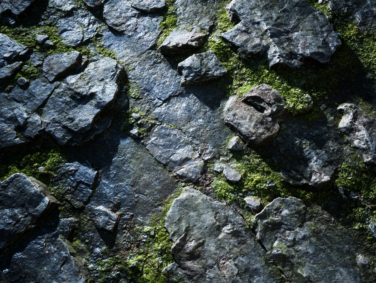 忘れられた苔の地面テクスチャ｜岩と苔が入り混じる重厚な地面テクスチャ。踏み締められることなく時を止めたその道は、かつて毎朝一緒に通ったあの人との思い出を静かに飲み込んでいる。