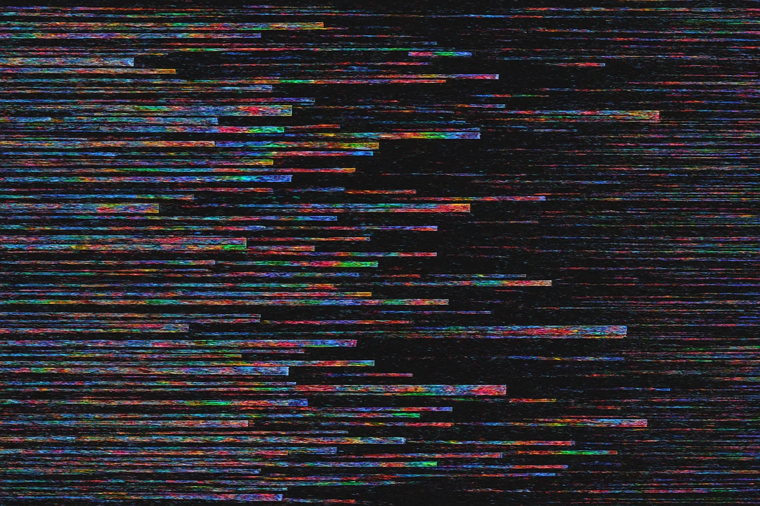 バグテクスチャの浮遊ブロック断層｜ランダムに断ち切られた色帯が浮遊するようなバグテクスチャ。遠隔地から送られた最期のメッセージが途中で切断された記録の一部。バグの中に宿る無念と静寂が印象的。