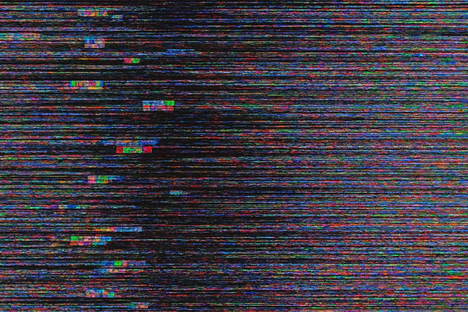 バグテクスチャの歪んだ信号層｜微かな色ブロックと乱れた横線が広がるバグテクスチャ。壊れたカメラが捉えた終末の日の空を描いたという噂もある。静かに広がる混沌が、終わりの瞬間を想起させる。