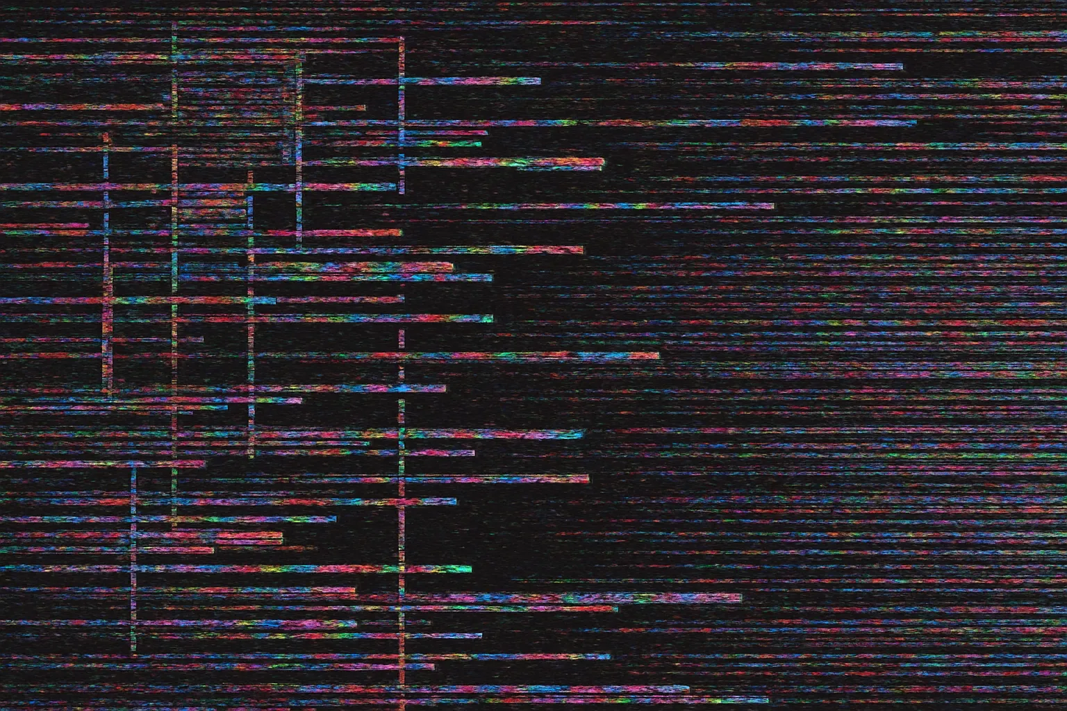 バグテクスチャの矩形崩壊構造｜幾何学的に崩れたノイズ構成が特徴のバグテクスチャ。制御不能に陥ったAIが最後に描いた記録として残された。整然とした狂気の中に、失われた秩序への哀惜が滲む。