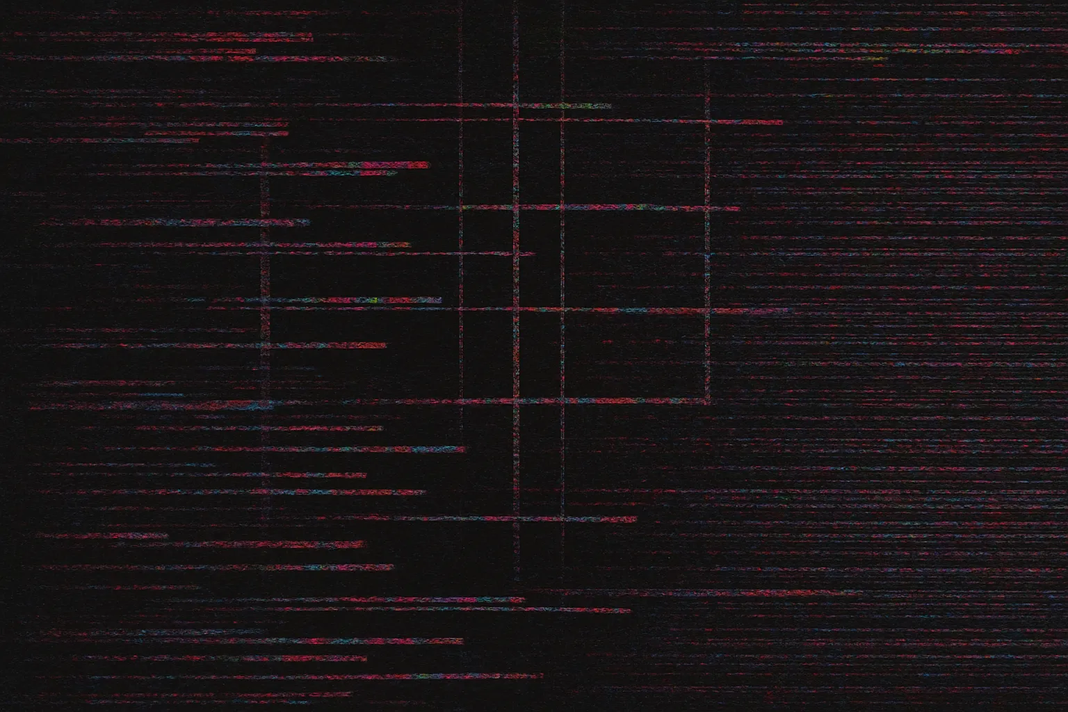 バグテクスチャの暗黒化データ面｜視認困難な暗色ベースに赤系ノイズが走るバグテクスチャ。ある監視システムのログデータだが、最終フレームだけ異様に暗かった。記録に残らなかった出来事を想像させる不気味さが魅力。