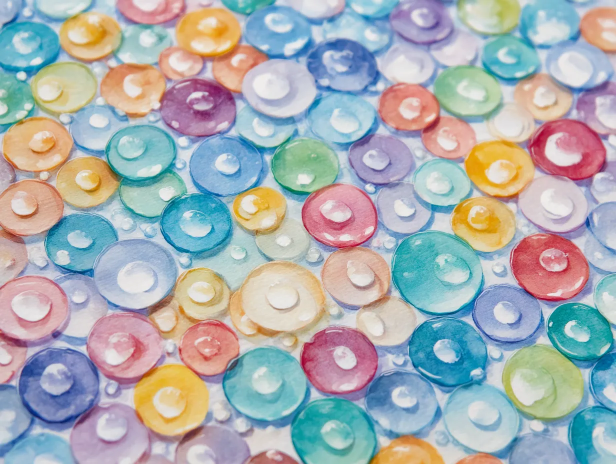 かわいい柄のカラフル水玉｜透明感ある水彩タッチのドロップが並ぶかわいい柄。明るく楽しい印象とは裏腹に、かつては子どもの病室を彩っていた壁紙で、最後まで残された一枚だったという悲しいエピソードが背景にあります。