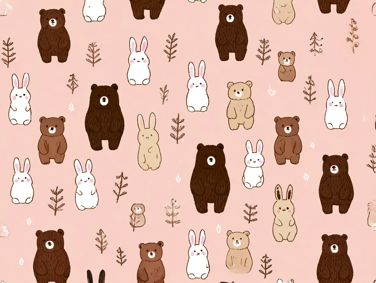 かわいい柄のうさぎとくま模様｜くまとうさぎが仲良く並ぶ、柔らかく愛らしいタッチのかわいい柄。実は兄妹が協力して描いた最後の合作で、病で倒れた弟がもう筆を握ることができなくなったことが背景にあります。