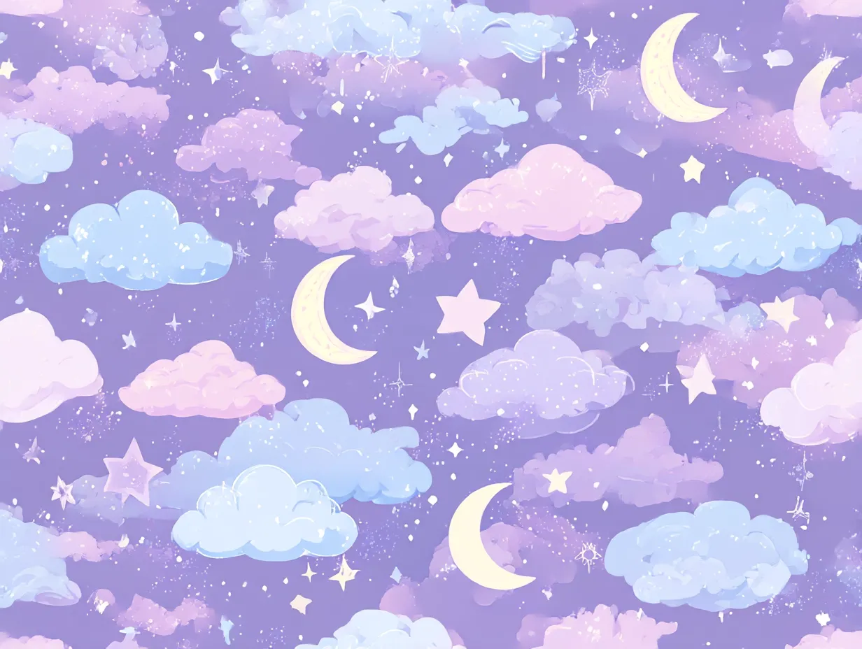 かわいい柄の月と雲の幻想模様｜星や月、雲が夢のように広がるかわいい柄。ある少女が夜に見る夢をもとに描かれたもので、彼女がその後夢を語れなくなった出来事が、この幻想的な絵に秘められています。