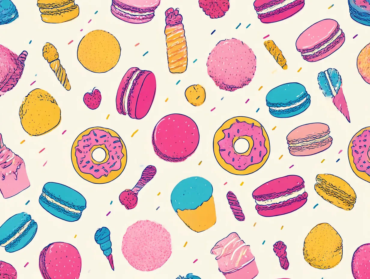 かわいい柄のお菓子と線画模様｜手描きの温もりが伝わるお菓子たちが並ぶかわいい柄。絵を描いた少女は味覚を失った後も甘い記憶を頼りに想像でスイーツを描き続けたという、少し切ない物語が背景にあります。