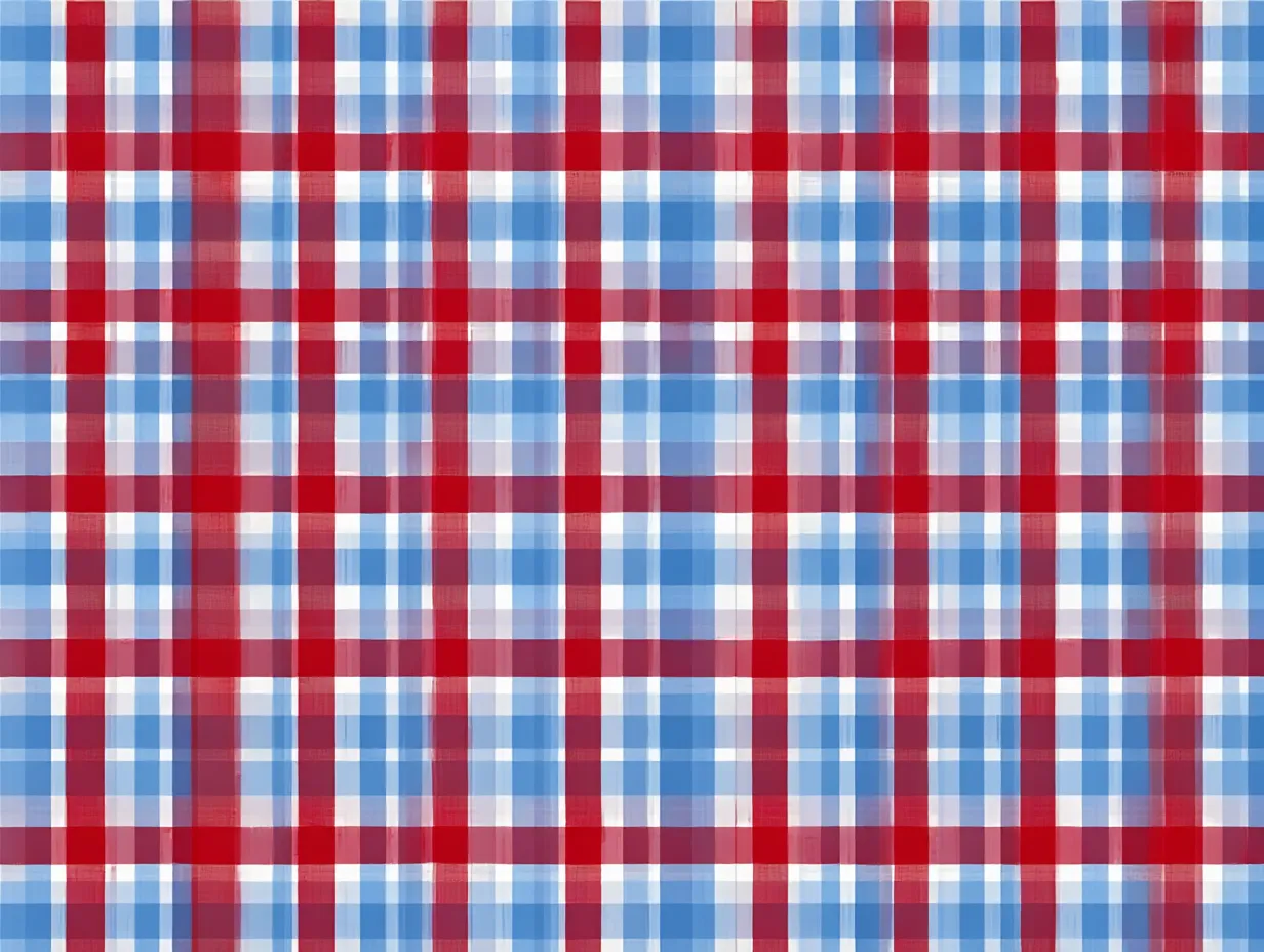 チェック柄のトリコロールファブリック｜青・赤・白が均等に重なり合う、爽やかでありながら格式を感じさせるチェック柄。布の風合いが残されたデザインは、かつて親友と縫い上げた舞台衣装の未完成のままの記憶を想起させます。