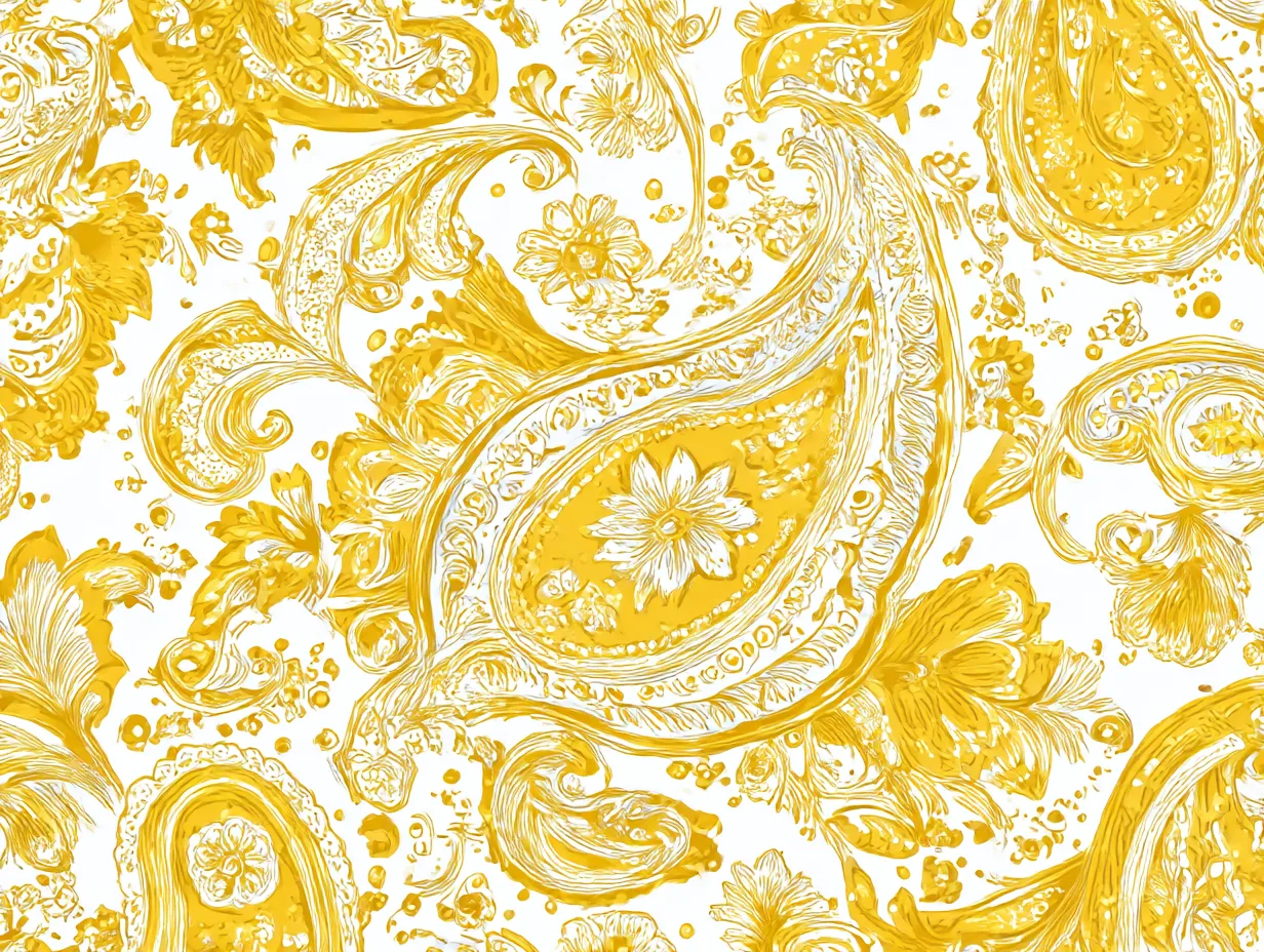 ペイズリー柄の金色細密画風｜細かな筆致で描かれた金色のペイズリー柄が白地に映え、繊細さと輝きが調和した優雅な意匠。若くして画壇を去った天才が、最後に残した夢の中の模様とも言われています。