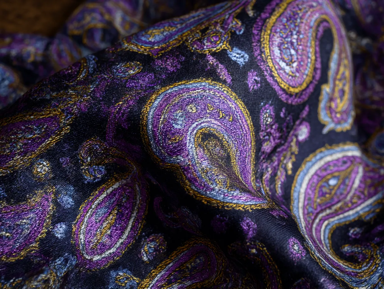 ペイズリー柄の刺繍風紫布地｜緻密な刺繍を思わせる紫と金の糸が織り成すペイズリー柄。愛娘のために毎晩縫われていたが、娘が病で逝った日から針は止まったまま…という悲しき伝承が残ります。