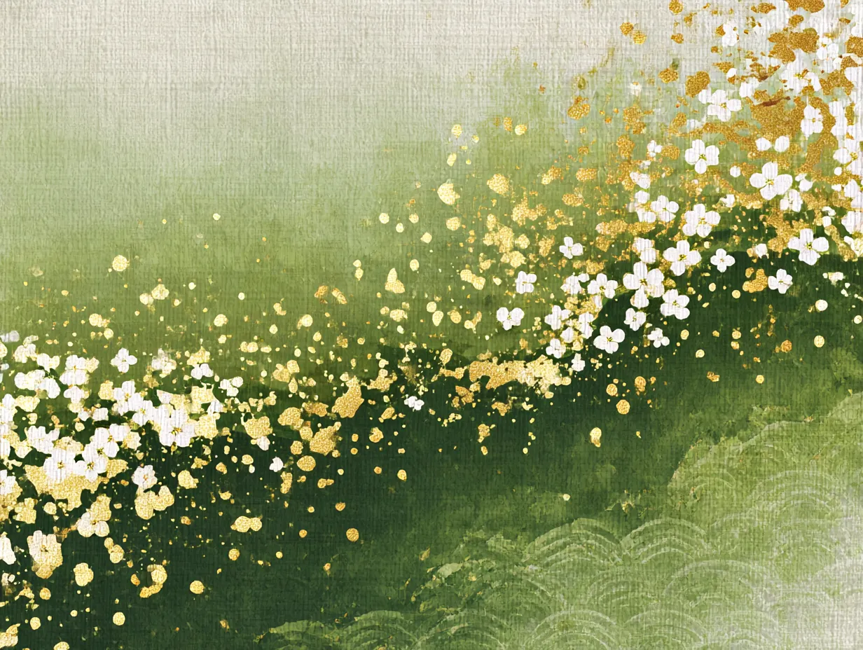和柄の緑霞と花吹雪｜緑から白へのグラデーションに金箔のような散りばめられた花が舞う和柄です。柔らかな風合いと奥ゆかしい色彩が、優しい時間の流れを思わせます。亡き母が最期に贈った着物の柄からインスピレーションを得たといいます。