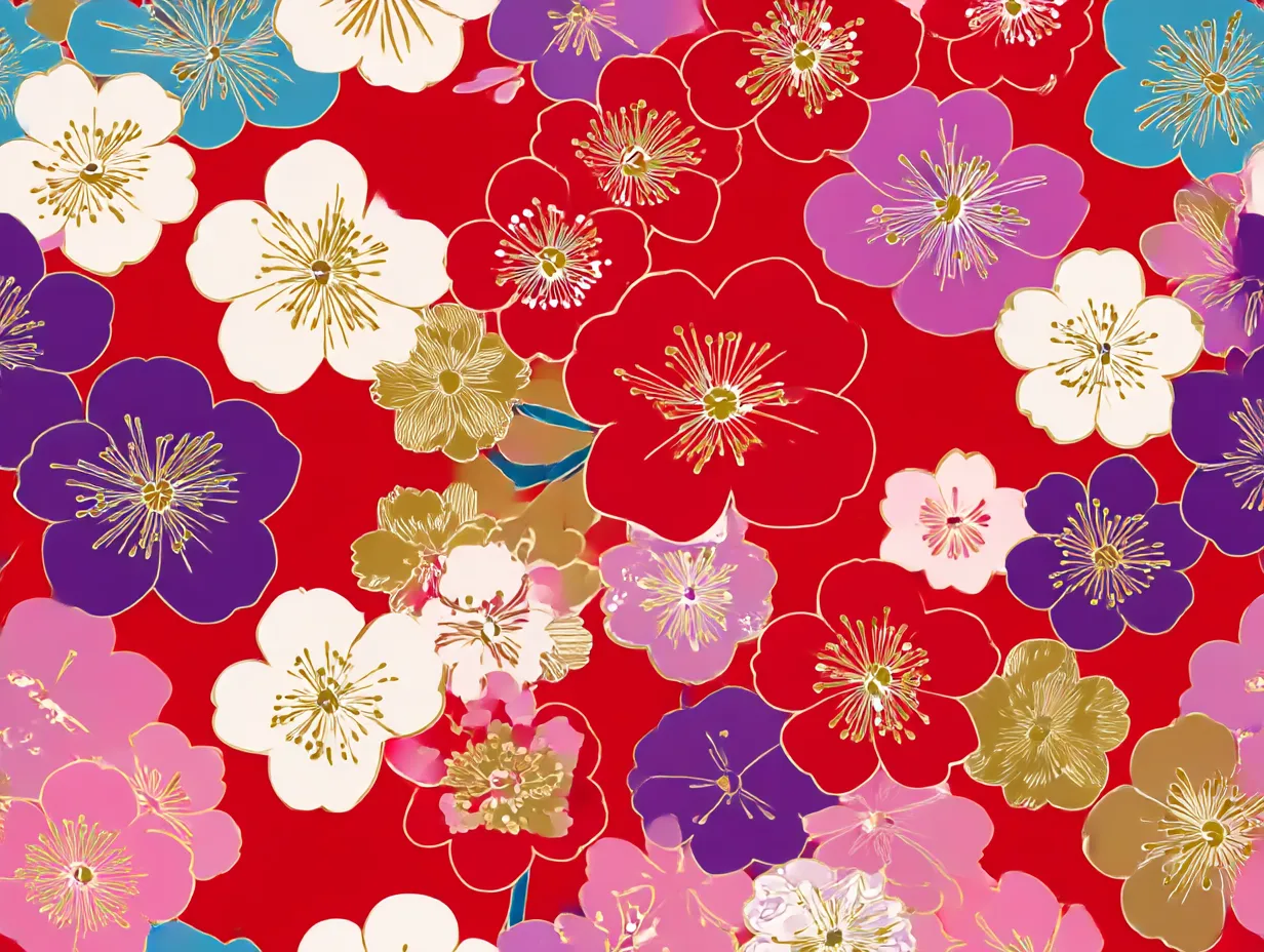和柄の紅白花模様（赤）｜真紅の地に散りばめられた紅白の花々が華やかな印象を与える和柄です。金の輪郭が品を添え、春の祝宴を思わせます。この柄は幼い娘を失った母が、せめてもの晴れ着として描いたといわれています。