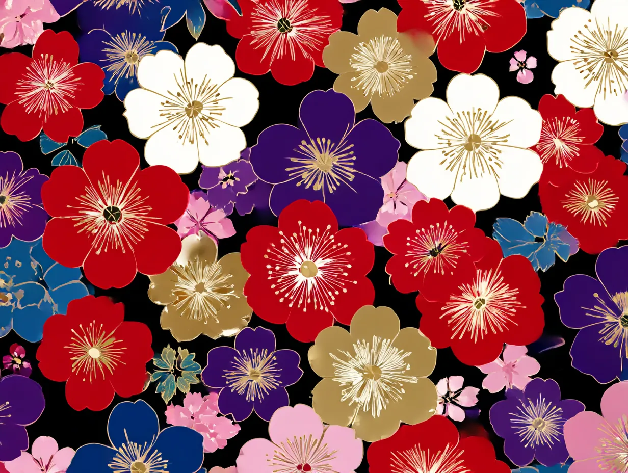 和柄の紅白花模様（黒）｜黒地に鮮やかな紅白の花が際立つ重厚な和柄です。上品さと華やかさを兼ね備えた配色で、格式高い場面にふさわしい佇まいがあります。婚礼を前に世を去った妹のために兄が遺した最後の意匠です。