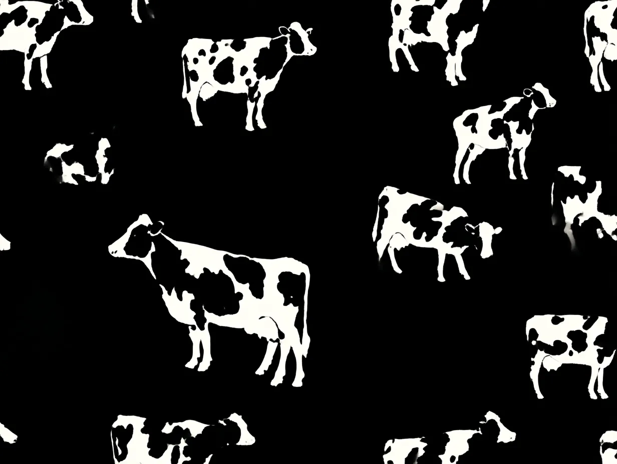 牛柄の黒地ホルスタイン配置｜真っ黒な背景に白い牛たちが浮かぶ構成が印象的な牛柄。暗闇に一頭ずつ離れて立つような配置は、群れを離れざるを得なかった牛の孤独を語る。静謐でドラマチックな余白が美しい。