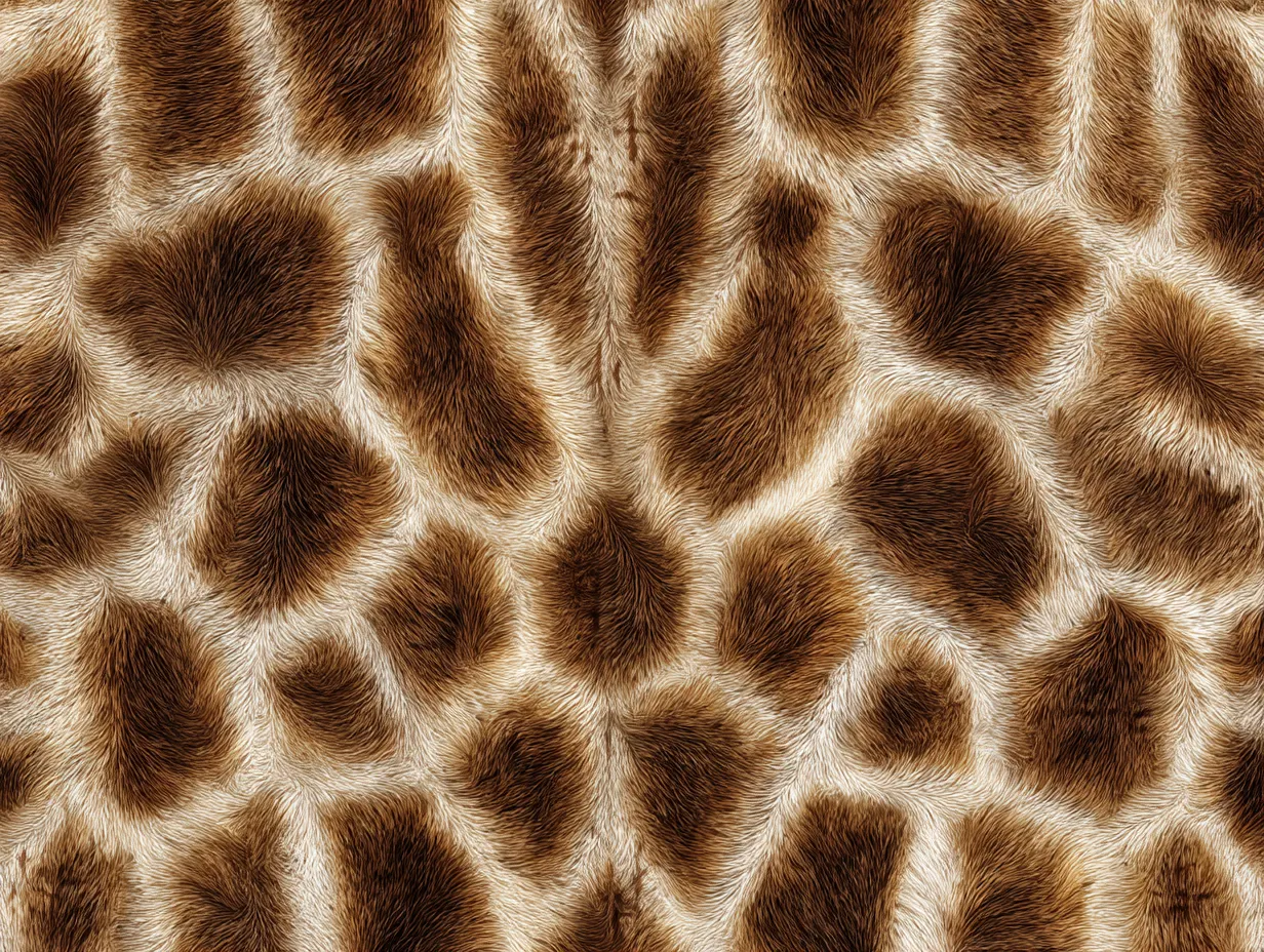 キリン柄の対称モザイクファー｜左右対称に近い斑点配置と自然な毛並みが美しく融合したキリン柄。仲間を探して何日も歩いた記憶が、この秩序あるパターンの中に刻まれている。視覚的にも落ち着きを与える静かなデザイン。
