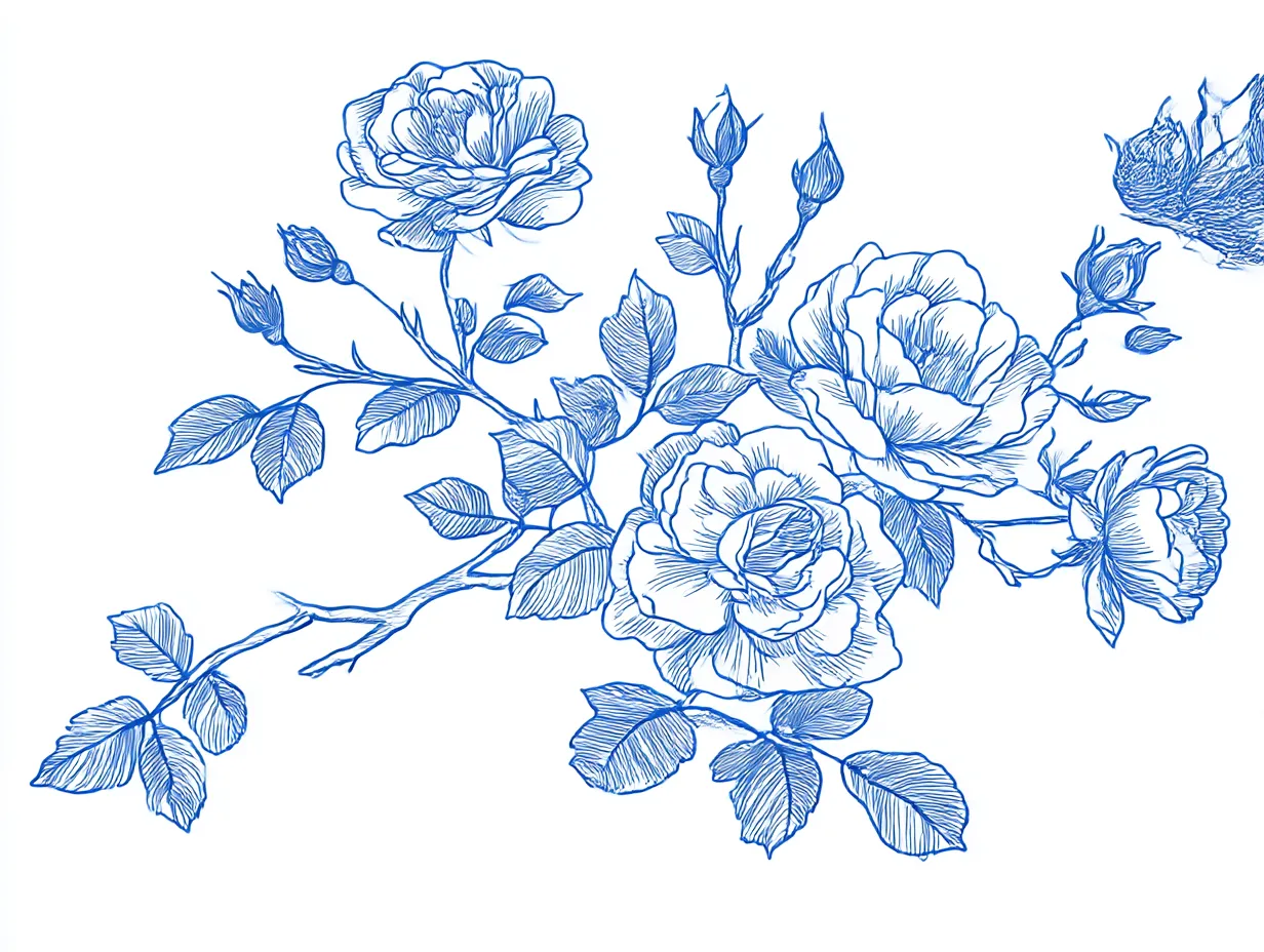 花柄のバラと蔓の繊細スケッチ｜細やかな線で描かれたバラの花柄がクラシックな美しさを漂わせるスケッチ。優雅な構図の中に、かつて別れを告げた大切な人への未練がそっと込められているような、静かで切ない余韻を残す。