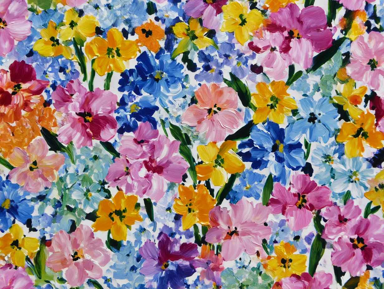 花柄の鮮やかな油絵タッチ｜厚みのある筆致と鮮やかな色彩で描かれた花柄は、生命力に満ちているように見えるが、実は描いた人の最期の願いを託された作品であり、華やかさの中に切なさが混ざる。