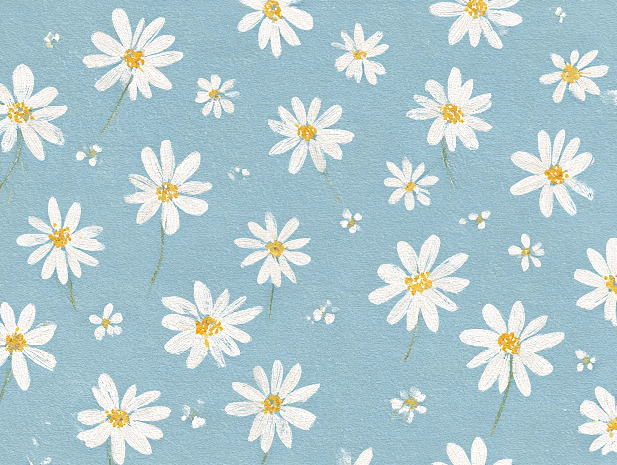 花柄のクレヨン風デイジー模様｜ざらりとした質感が印象的な花柄のデイジーパターン。青空のような背景が明るい印象を与えるが、幼いころに亡くした愛犬の名前が「デイジー」だったという過去を思い出させる。
