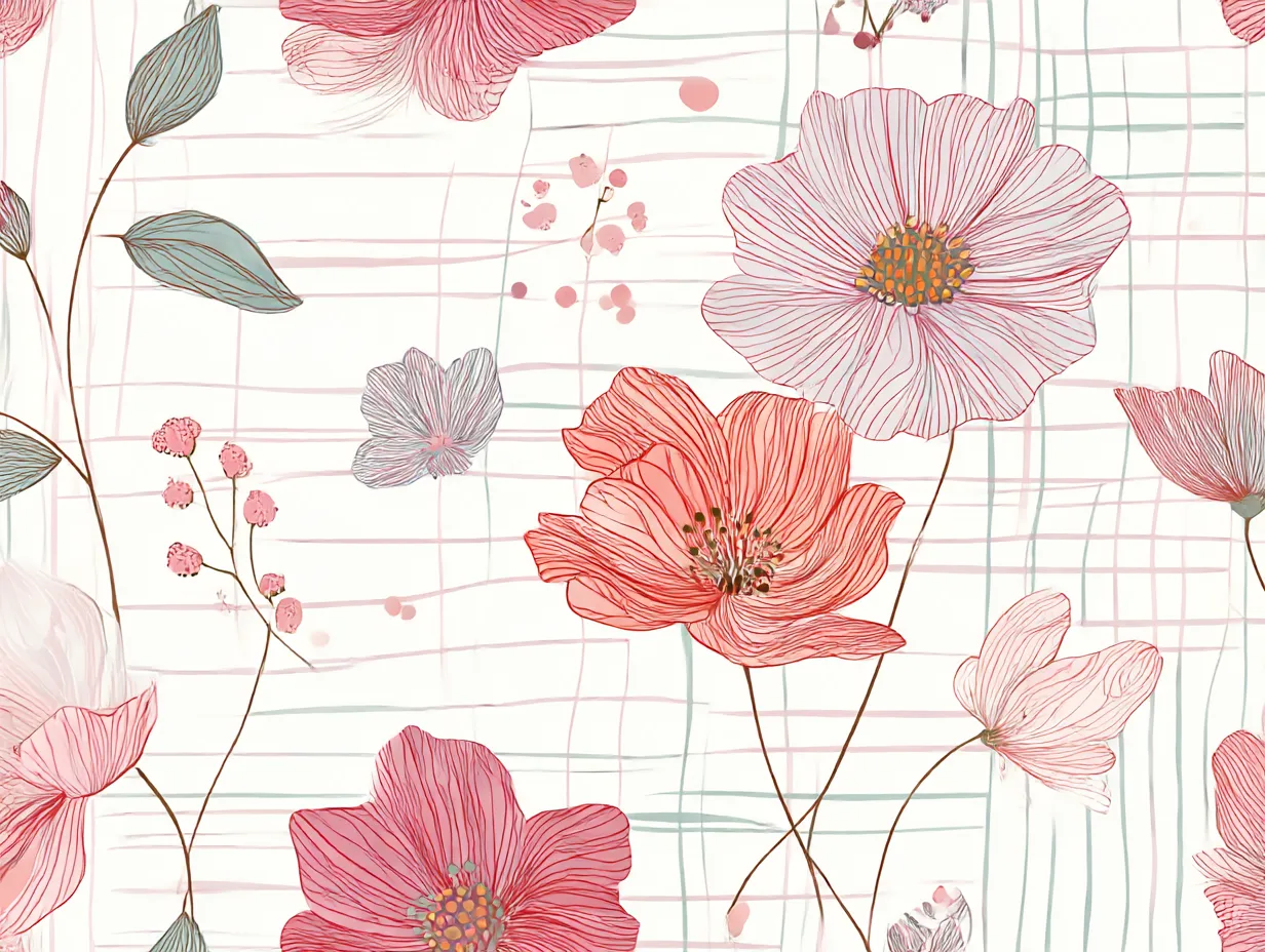 花柄の線画とチェックの融合模様｜繊細な線で描かれた花柄と背景の淡いチェックが重なり、洗練された印象を与えるデザイン。幼い頃に描いた落書きをベースに仕上げたこの構図には、もう会えない母への想いが静かに込められている。