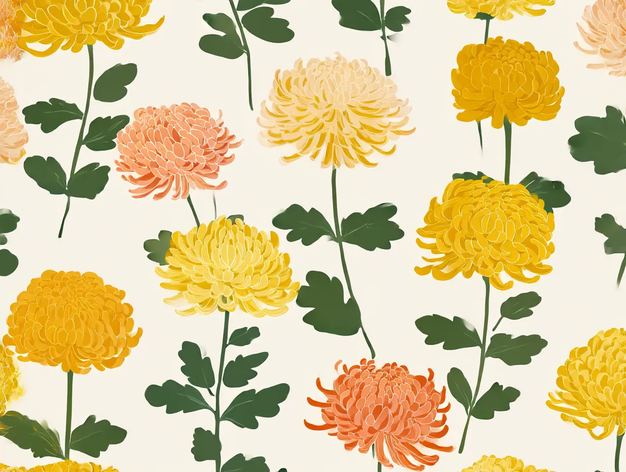 花柄の菊モチーフデザイン｜丸く密集した花弁が特徴の菊を鮮やかに描いた花柄。黄色や橙のあたたかみのある色調とは裏腹に、この花は祖母が亡くなる直前に描いていたものを元にしたという深い背景がある。