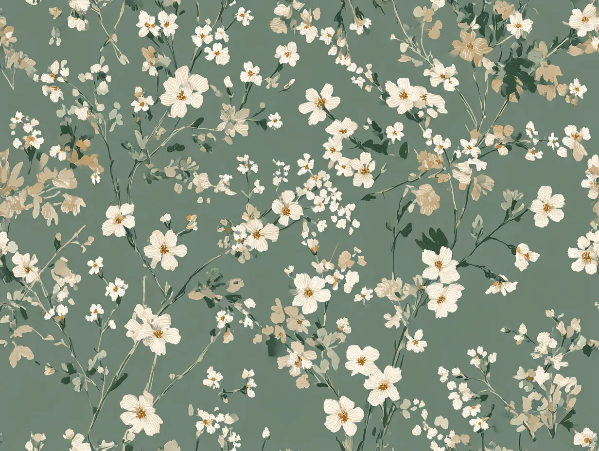 花柄のボタニカル調グリーン背景｜深い緑を背景に、控えめで繊細なタッチの花柄が優雅に広がる。落ち着いた雰囲気の中には、かつて庭園でひとりきり過ごした孤独な時間の記憶がじんわりと染み出している。