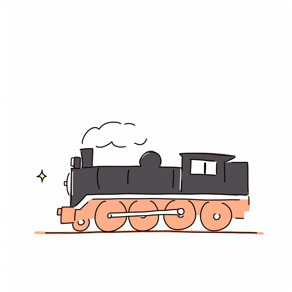 細手書きの蒸気機関車｜重厚な車体をやわらかな線で描き、細手書きならではのノスタルジックな表現に。煙やディテールが可愛らしく、あたたかみある印象に仕上がっています。