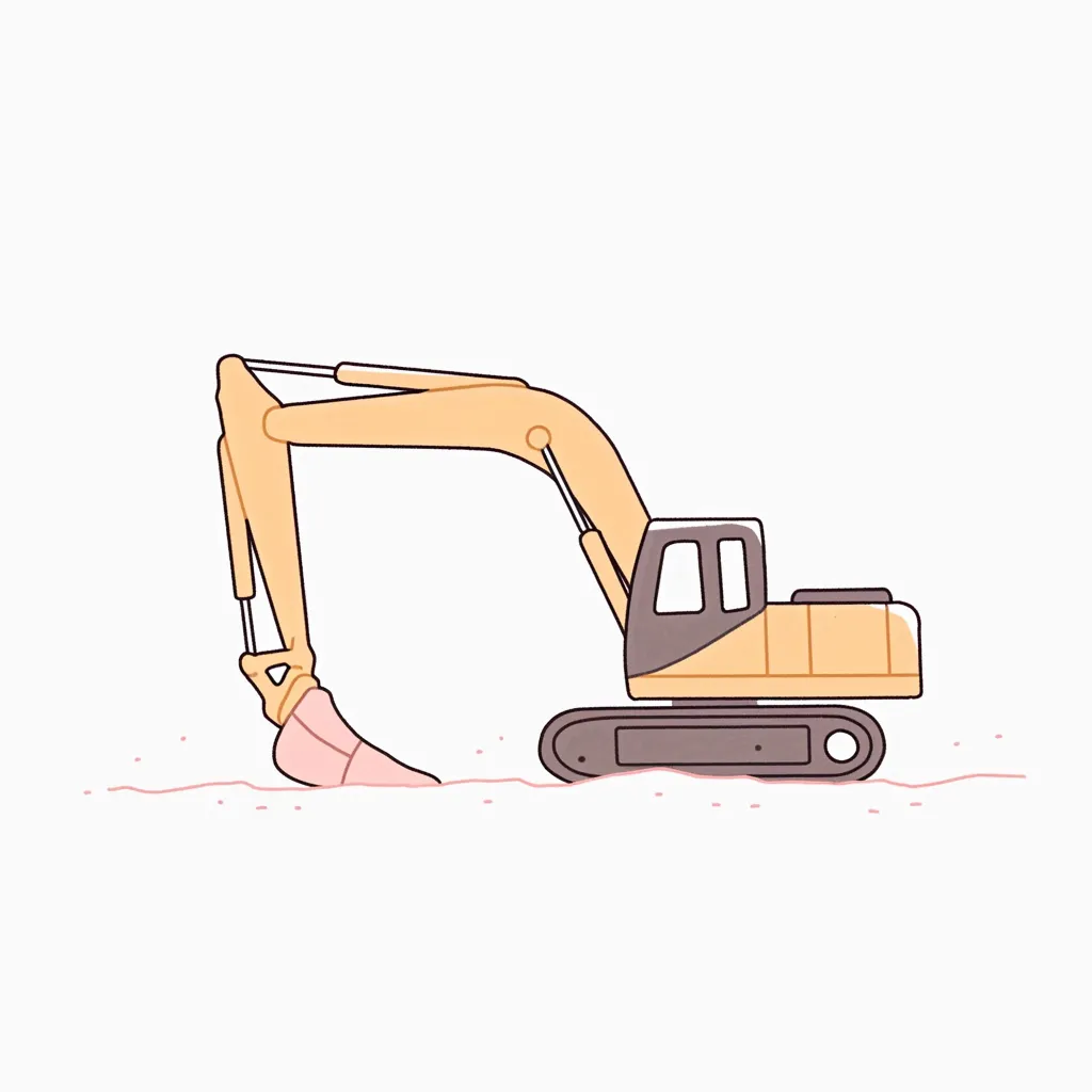細手書きのショベルカー｜大きく可動するアーム部分を細手書きのラインでなめらかに描写。構造的な魅力を残しながらも、優しい印象を与えるかわいらしいバランスです。