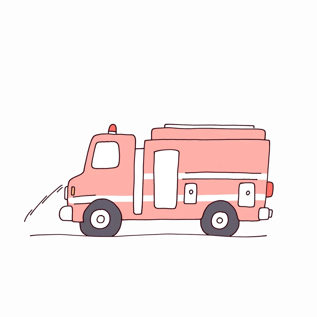 細手書きの消防車｜特徴的な車体の形と装備を細手書きでシンプルに表現。水を出すアクションも含めて、元気で頼れる印象の中にやわらかさを感じさせる構成です。