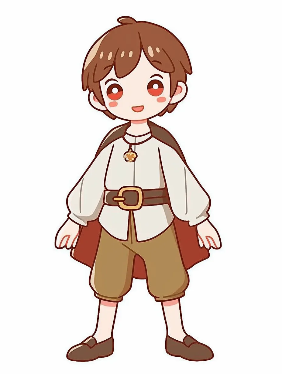 旅人の少年　｜可愛らしいデフォルメ調で描かれた少年の旅人。丸みのあるラインと柔らかい配色が親しみやすく、マントとベルトがさりげなく冒険の雰囲気を加えている。旅人らしい好奇心と元気さが伝わってくるデザイン。
