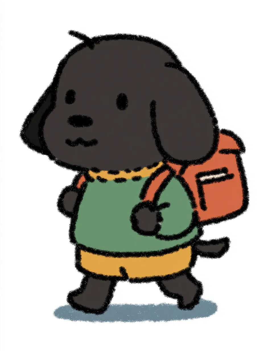おしゃれかわいい旅する子犬｜ふわっとしたタッチで描かれた子犬がリュックを背負って歩く姿が、あたたかみと優しさを感じさせます。おしゃれかわいい旅するキャラクターとして、見ているだけで心がなごむ雰囲気を醸し出しています。