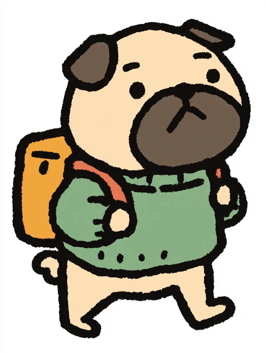 おしゃれかわいい旅するパグ｜つぶれた鼻とむっちりした輪郭が愛されるパグが、グリーンのセーターとリュックでお出かけ中。表情のトボけた感じが、おしゃれかわいい旅する雰囲気にユーモアを添えています。
