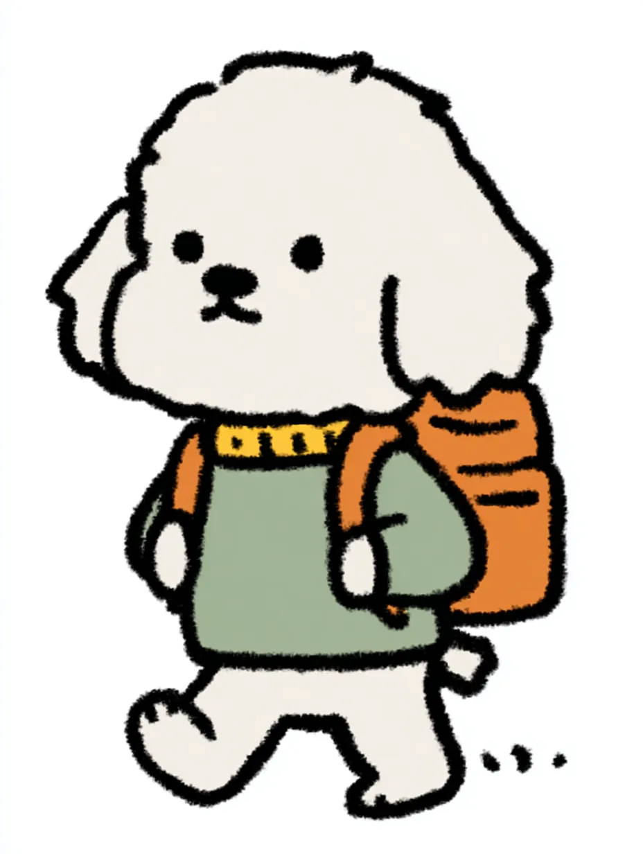 おしゃれかわいい旅するマルチーズ｜真っ白な毛並みとやさしいまなざしが特徴のマルチーズが、リュックを背負ってのんびりと歩いています。おしゃれかわいい旅する雰囲気を、淡く上品な色づかいでやわらかく表現しています。