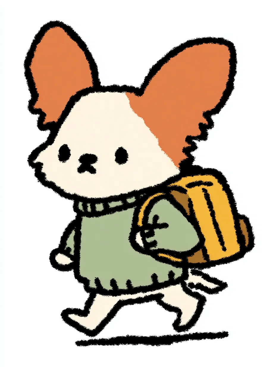 おしゃれかわいい旅するパピヨン｜大きな耳が蝶のように印象的なパピヨンが、軽快なステップで旅を楽しむ様子が描かれています。繊細な色使いとすっきりしたシルエットが、おしゃれかわいい旅する空気を軽やかに彩っています。